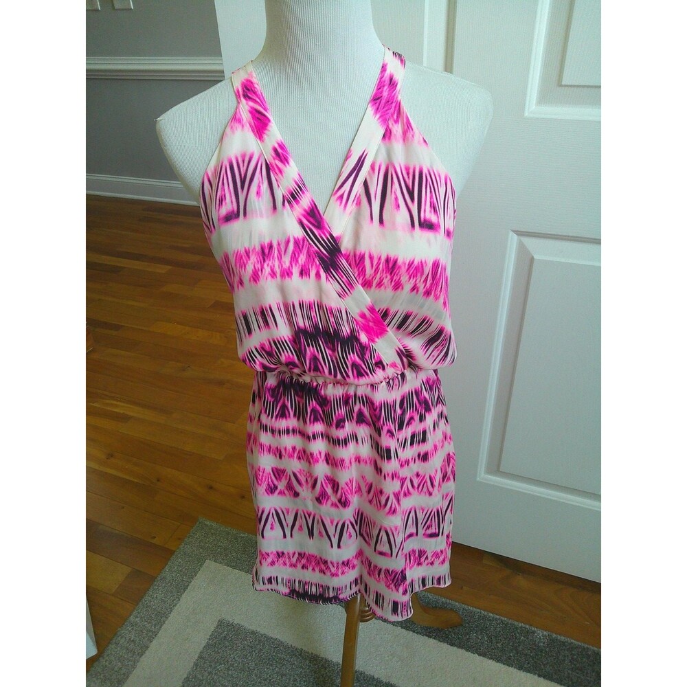 Parker Pink Geometric 100%  Silk  Lined Halter Dress Elastic Waist Full skirt XS